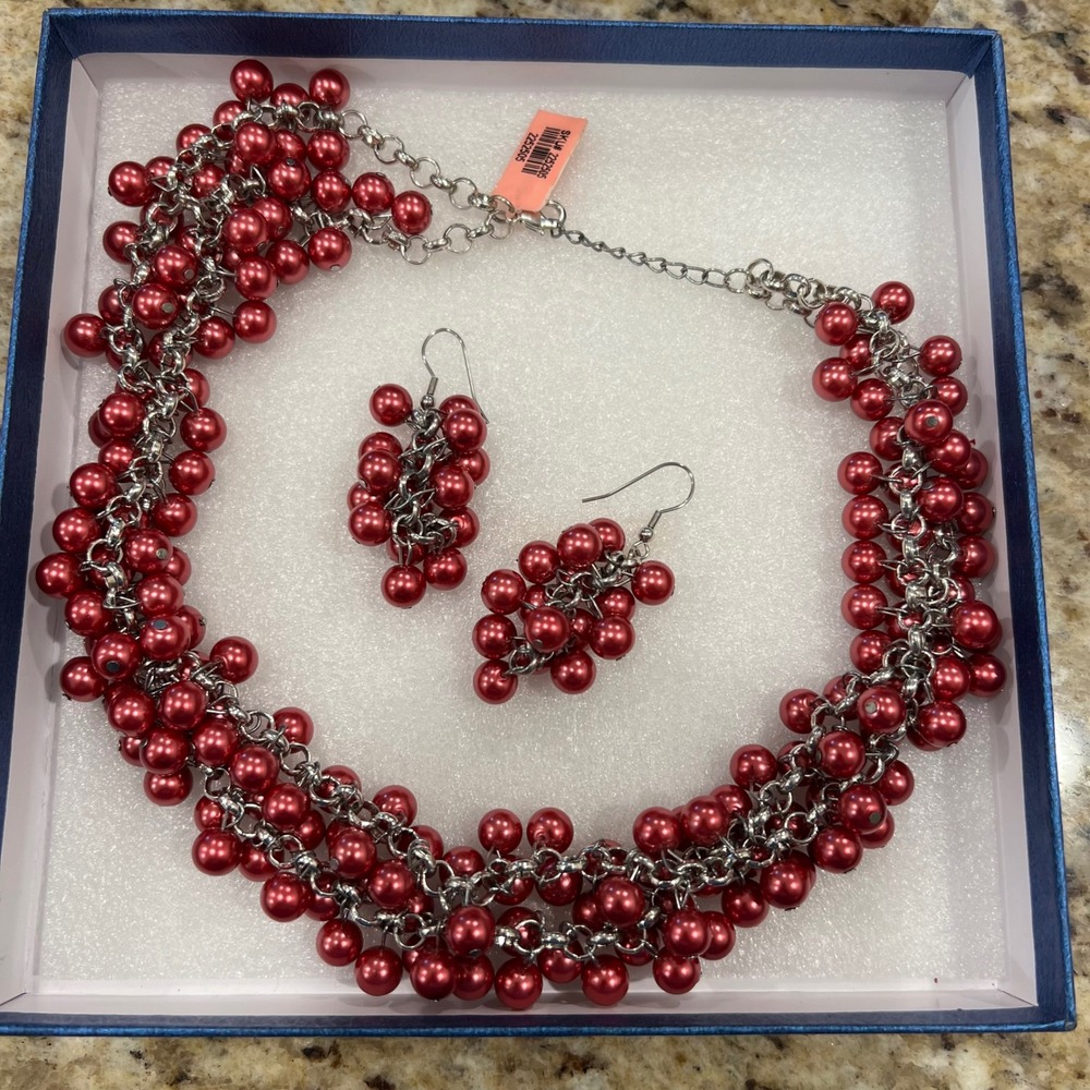 Red Faux Pearl Cluster Statement Necklace & Earrings Set Silver Tone 2252505